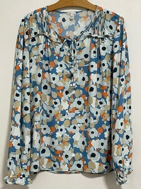 Joie Limited Edition Floral Field Blouse XL Blue Orange Ruffle Tie Neck Boho